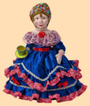 Кукла на чайник для самовара Купчиха с чашкой (синяя, фарфор)